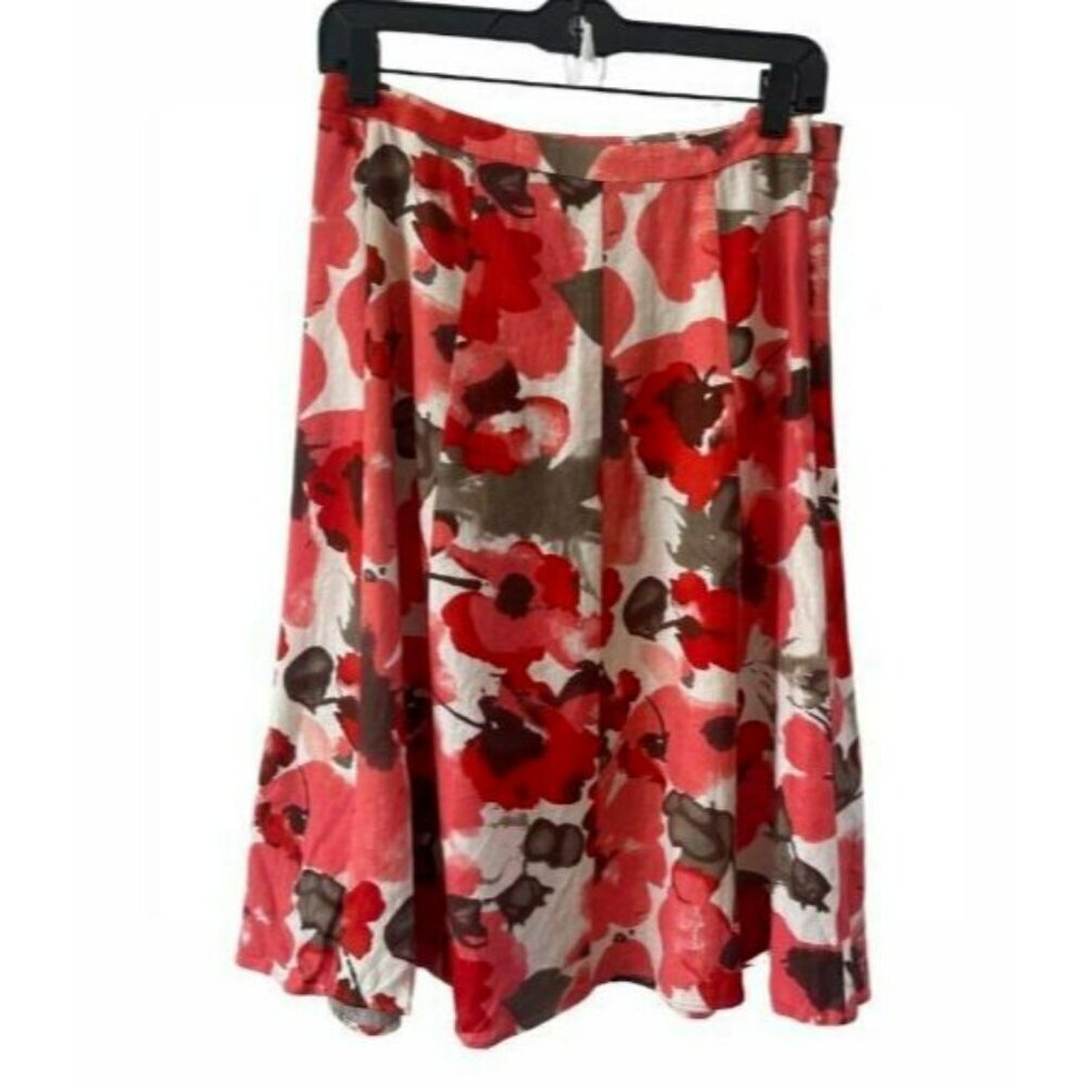 Coldwater Creek Midi Skirt XS 4-6 Ivory Pink Red Floral Linen Cottagecore NWOT